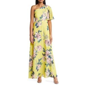 Eliza J Yellow Floral One Shoulder Chiffon Maxi Dress Size 4
